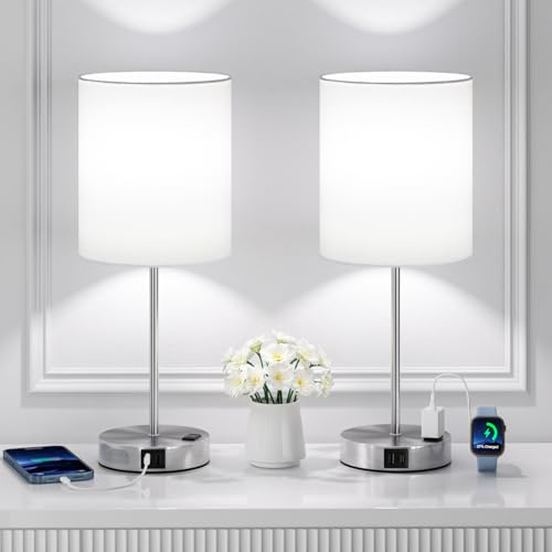 17.6" Silver Touch Lamps for Bedroom Set of 2, Dimmable, USB C+A, AC Outlet | Large 17.6" Tall Lamp, 3-Way Dimming, 5000K Daylight Bulbs, White Lampshade Silver Base, for Living Room, Boys, Men, Girls - color: White - Silver