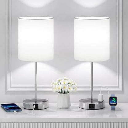 17.6" Silver Touch Lamps for Bedroom Set of 2, Dimmable, USB C+A, AC Outlet | Large 17.6" Tall Lamp, 3-Way Dimming, 5000K Daylight Bulbs, White Lampshade Silver Base, for Living Room, Boys, Men, Girls - color: White - Silver