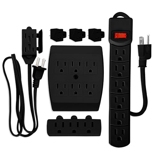 7 Piece Power Value Pack, Multi-Outlet Kit Set Includes: 6 Outlet Power Strip 16/3 | 6 Outlet Extender | 3 Outlet Extender, | 5 Ft Indoor Extension Cord, | 3 Pcs 3 to 2 Prong Adopters, | Black - color: Black
