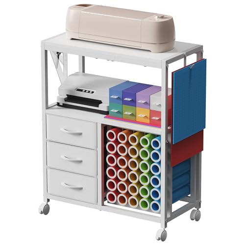 30 Vinyl Roll Holders for Cricut Cart, Rolling Craft Cart with 3 Fabric Drawer, Craft Organization and Storage Compatible with Cricut Maker Machine, Crafting Table Workstation, White, Patent Pending - color: White, size: Large
