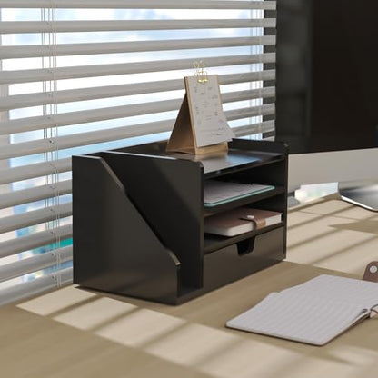 Multi-Tier Wood Desk File Organizer, 3 Tray Shelves & Adjustable Drawer - Space-Efficient Design for Efficient Office Setup, Reduces Desk Clutter (Black) - color: Black