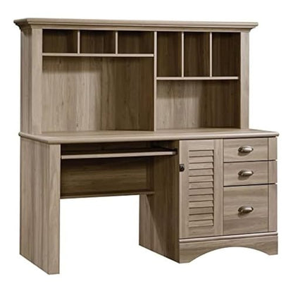BOWERY HILL Wood Home Office Desk with Hutch, Salt Oak Finish, 3 Drawers, File Storage, Slide-Out Keyboard Shelf, Cubbyhole and Vertical Storage, 57.52" H x 62.13" W x 23.39" D