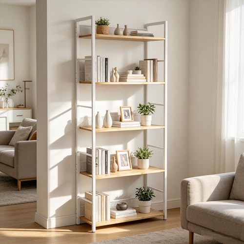 IDEALHOUSE 5 Tier Bookshelf，Tall Narrow Bookcase with Metal Guard Panels, Industrial Wood and Metal Display Shelf, Freestanding Storage Rack for Bedroom, Living Room, Home Office,Matte White - color: White, size: 5
