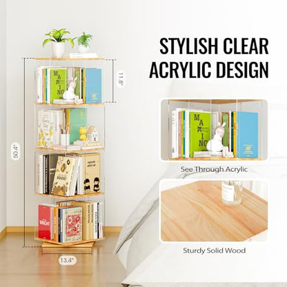 TAKEKIT Rotating Bookshelf, 360 Degree Revolving Bookcase, 4-Tier Spinning Bookshelf, Clear Acrylic & Solid Wood Rotating Bookcase for Kid’s Playroom, Bedroom and Living Room, Square - color: Natural Square, size: 4-Tier