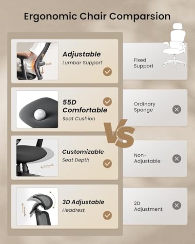 ProtoArc EC200 Ergonomic Office Chair with Adjustable Seat Depth | Lumbar Support, High-Back, Mesh Desk Chair, Home Office 8+ Long Hours Sitting, For Remote Workers & Programmers, Pure Black - color: Pure Black
