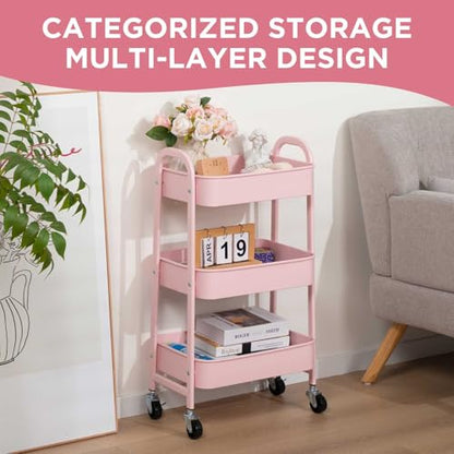 AGTEK 3 Tier Utility Rolling Cart with Lockable Wheels, Metal Multifunctional Storage, Organizer Cart for Kitchen, Office, Living Room, Makeup, Craft, Art Studio, Pink - color: Pink
