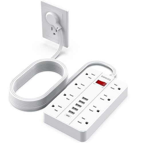 Flat Extension Cord 15 Ft,SMNICE Power Strip with Widely Spaced Outlet | 8 Outlet and 6 USB(1USB C) Ports, Wall Mount Long Charging Station for Dorm Home, Office Accessories,White - color: White, size: 15FT