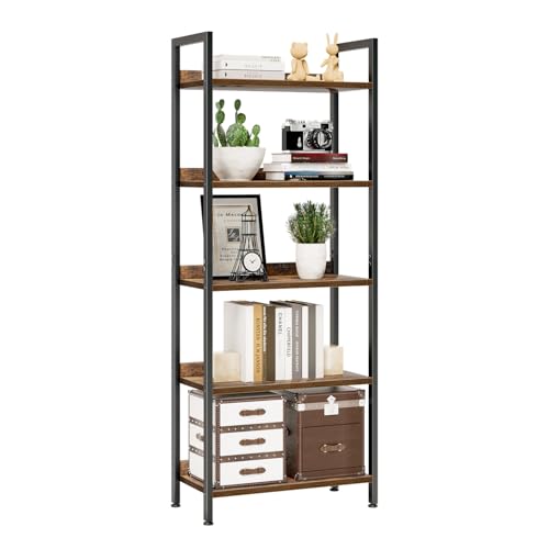 NUMENN Bookshelf, 5 Tier Freestanding Shelving Unit, Vintage | Metal Frame & Wood Shelves, Falling Prevention Baffle, Open Storage Bookcase for Bedroom, Living Room & Home Office - color: Vintage, size: 5 Tier(Wide)