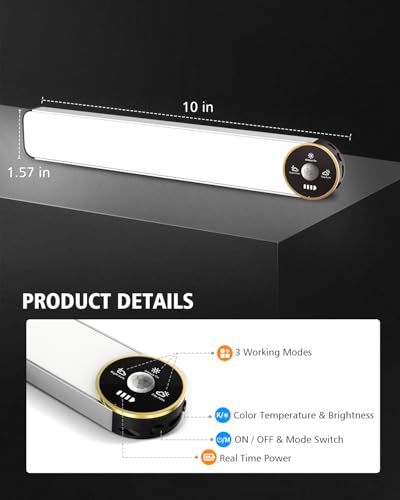 50 LED Motion Sensor Under Cabinet Lighting, 3-Color Dimmable, Rechargeable 1600mAh Battery, Digital Display, 10 Inch Wireless Closet Lighting for Kitchen & Indoor Use (5-Pack)