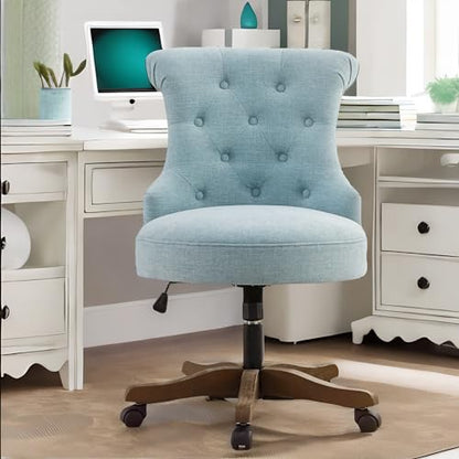 HUIMO Home Office Chair Upholstered Armless Swivel Desk Chair with Wheels | Adjustable Height Computer Desk Chair with Wooden Legs linen Comfortable Swivel Chairs for Farmhouse Study Studio Teal - color: Teal