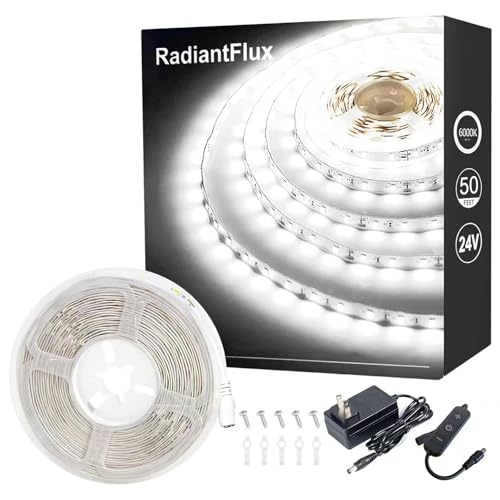 RadiantFlux White Led Strip Lights, Dimmable LED Lights Strip, 50Ft 900Leds, Super Bright LED Tape Lights for Living Room, Bedroom, Kitchen, Vanity Mirro,Flexible LED Light Strips for Indoor Use - color: Daylight White, size: 50FT