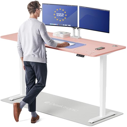 Desktronic HomePro Standing Desk 80x30 — Made in Europe, Ergonomic Sit Stand Home Office Desk, Electric Height Adjustable, Dual Motor, USB & USB-C Charging, Wobble-Free, Touchscreen, 3 Memory Presets - color: White + Pink, size: 80 x 30 in