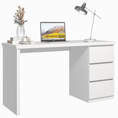 furtble White Desk with Drawers, 47'' W Home Office Desk Gaming Table, Modern Vanity Desk with Storage, Wood Computer Desk Writing Workstation for Bedroom, Living Room - color: White, size: 47 inch