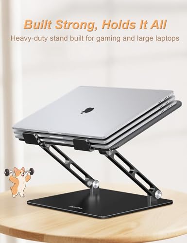 Aoviho Aluminum Laptop Stand for Desk Fit for All 10"-17.3" Laptops, Black | Height-adjustable Notebook Holder, Ergonomic Computer Riser with Unique Puppy Cooling Vent, for Mac, Dell, Lenovo, HP - color: Black