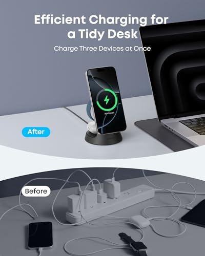 Anker MagSafe Charger Compatible, MagGo 3-in-1 Qi2 15W Charging Station | Wireless Charger, Magnetic Charging Stand for iPhone 17 / 16 / 15 Series, Apple Watch, AirPods, and More (Adapter Included) - color: Black