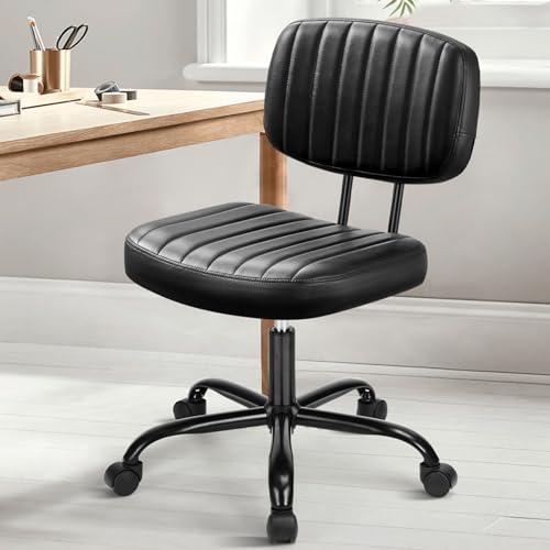 DUMOS Small Armless Home Desk Chair with Low Back Lumbar Support, Height Adjustable PU Leather Computer Task Chair with 360° Swivel Wheels, for Small Space, Adults, New Black - color: New Black