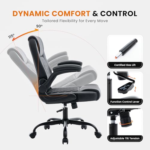 Executive Office Chair with Lumbar Support & Flip-up Arms, Black | Ergonomic Desk Chair, 90–115° Tilt & Rocking, 20.1" Wide Seat, PU Leather, for Home Offices & Conference Rooms, 300Lbs - color: Black