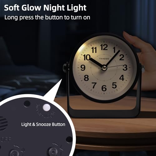 TIMESS Analog Alarm Clock with Snooze & Light, Silent Non-Ticking, Black | On-demand light, quartz movement, battery operated, easy to set, gentle wake alarm, bedside clock for home, travel, or office - color: Black