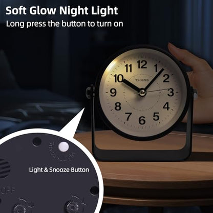 TIMESS Analog Alarm Clock with Snooze & Light, Silent Non-Ticking, Black | On-demand light, quartz movement, battery operated, easy to set, gentle wake alarm, bedside clock for home, travel, or office - color: Black