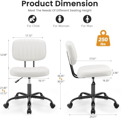 HealSmart Small Office Desk Chair with Wheels, Armless Desk Chair with Lumbar Support, PU Leather Low Back Adjustable Height 360° Rolling Swivel Task Chair Without Arm for Home, Bedroom,Office, White - color: Beige