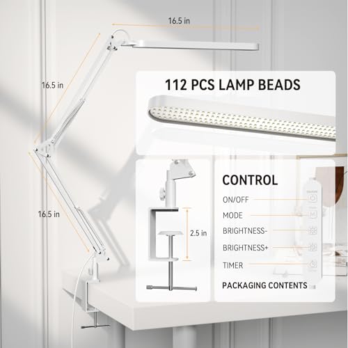 SKYLEO Led Desk Lamp - 31.5" Desk Light - 5 Color Modes X 11 Brightness Levels - Adjustable Swing Arm - Timmer & Memory Function - 12W Study Lamp - White - style: White swing arm