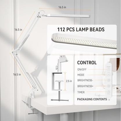 SKYLEO Led Desk Lamp - 31.5" Desk Light - 5 Color Modes X 11 Brightness Levels - Adjustable Swing Arm - Timmer & Memory Function - 12W Study Lamp - White - style: White swing arm
