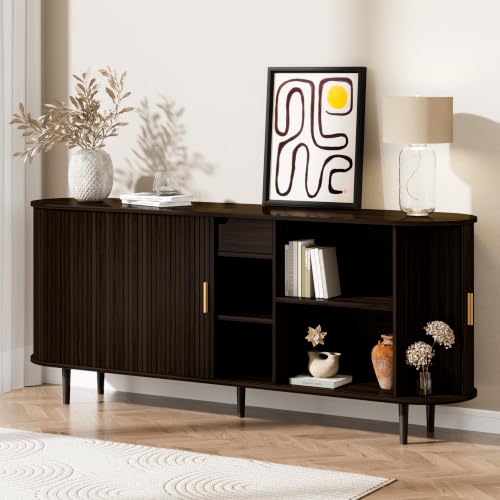 71" Sideboard Buffet Cabinet with Storage,Large Credenza with Sliding Doors and 1 Drawer,Mid Century Modern Coffee Bar Cabinet with Adjustable Shelves for Dining Room,Kitchen,Living Room (Dark Walnut) - color: Dark Walnut, size: 71 Inch