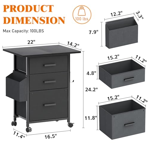 3-Drawer Mobile File Cabinet with 22" Wide Printer Stand, Fabric Under Desk Filing Cabinet with Side Bag & Headphone Hook, Fits Letter/A4 Size Hanging File Folders, Rolling Home Office Organizer,Black - color: Black