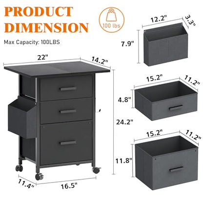 3-Drawer Mobile File Cabinet with 22" Wide Printer Stand, Fabric Under Desk Filing Cabinet with Side Bag & Headphone Hook, Fits Letter/A4 Size Hanging File Folders, Rolling Home Office Organizer,Black - color: Black