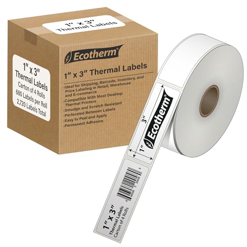 1" x 3" Thermal Labels | 4 Rolls | 2720 Labels | fits Zebra, Godex, Arkscan, iDPRT, Offnova Thermal Label Printers and More | Blank White Adhesive Stickers by Ecotherm - size: 1 x 3 - 2720 Labels