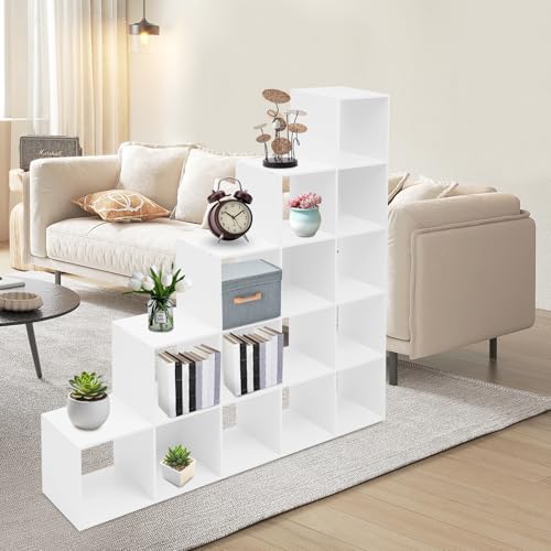 5-Tier Stepped Bookshelf, 15 Cube Storage Organizer, Freestanding Ladder Bookcase, L-Shaped Corner Shelf, Room Divider Shelf, 57.5" Tall Modern Display Shelf for Home Office Living Room - size: 15 Cubes/L-Shaped