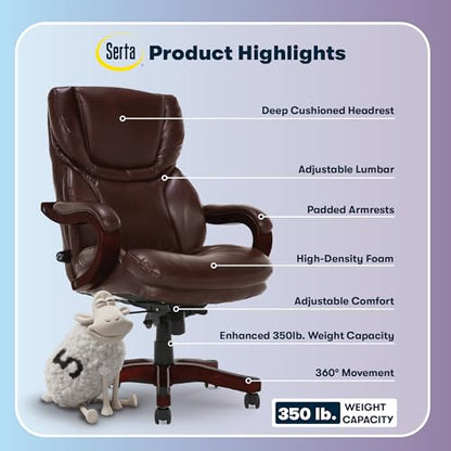 Serta Big & Tall Executive Office Chair with Lumbar Support, Leather Chair | Conway, Ergonomic 350lb Capacity Computer Chair, High Back Home Desk Gaming Chair, Adjustable Height & Tilt, Chestnut Brown - color: Chestnut Brown