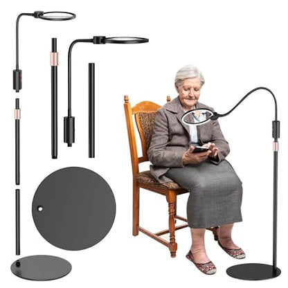 10X Floor Magnifying Glass with Light and Stand,360° Flexible Gooseneck Floor Magnifying Lamp,3 Light Modes,Height Adjustable,Hands Free Magnifier for Reading,Close Work,Craft,Sewing for Seniors
