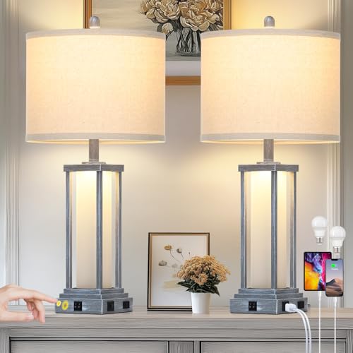 Cinkeda 27" Tall Vintage Table Lamp Set of 2 with USB C+A & Outlet,Gray Nightstand Lamp for Living Room,Retro Bedside Lamps with Frosted Glass Night Light for Bedroom Entryway,Grey - color: Gray