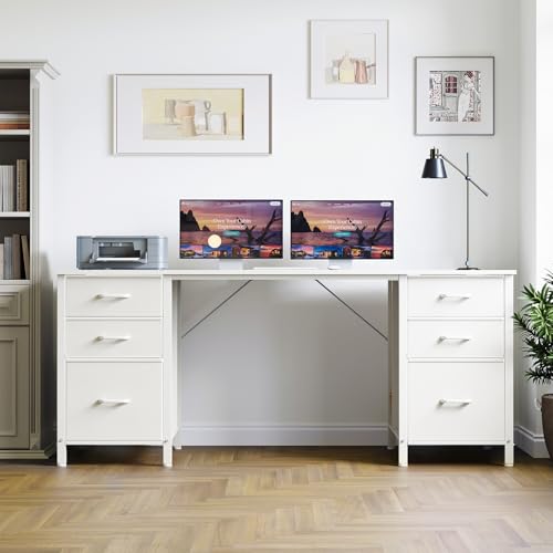 ODK 63 inch Computer Desk with 6 Fabric Drawers, Home Office Desk | White Desk with File Drawers Cabinet, Writing Table Desk with Large Storage for Study, Gaming - color: White