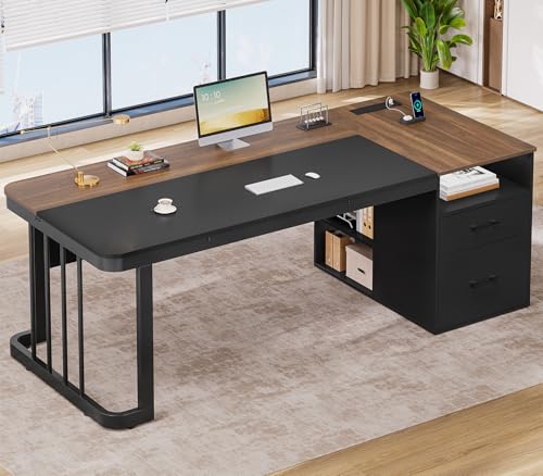 70.9" Executive Desk with Power Outlet, Large Office Desk with Drawers & Lateral File Cabinet, Long Computer Desk with Adjustable Storage Shelves, Modern Workstation Business Furniture (Walnut) - color: Walnut