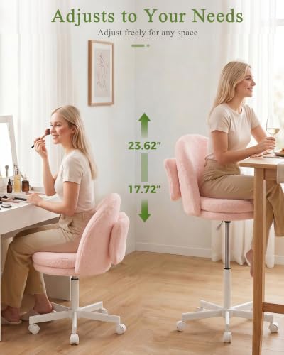 GTPOFFICE Vanity Chair with Back, Adjustable Tall Office Chair High Swivel Bar Stools Fluffy Cute Desk Chair Comfy with Wheels Bow Pillow Armlees for Adults Standing Desk Bar, Teddy Velvet, Pink - color: Tv-pink