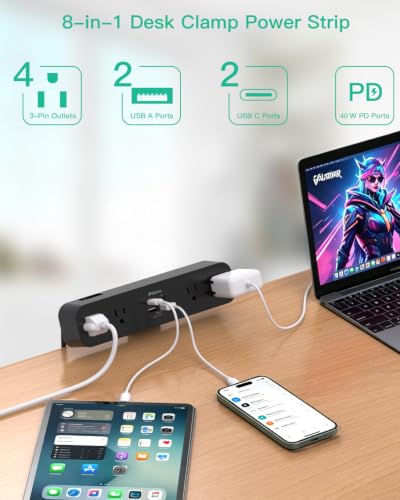 PD 40W USB C Desk Clamp Power Strip, 8-in-1 Desktop Mount Surge Protector with 4 AC Outlets 2 USB-C & 2 USB-A Ports, Fast Charging Station, 5Ft Extension Cord, Desk Edge Mount for Home Office, Black