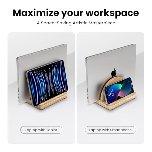 Kothar Premium Wood Vertical Laptop Stand - Adjustable Single Slot Bamboo Holder for MacBook, Dell, HP, and More | Space-Saving Desktop Organizer | Eco-Friendly, Sleek & Durable Design