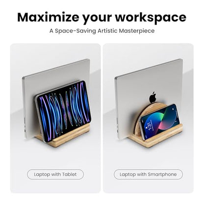 Kothar Premium Wood Vertical Laptop Stand - Adjustable Single Slot Bamboo Holder for MacBook, Dell, HP, and More | Space-Saving Desktop Organizer | Eco-Friendly, Sleek & Durable Design