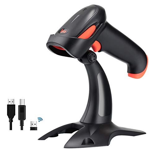Tera Barcode Scanner Wireless with Stand: 1D 2D QR 3-in-1 Connection HW0001 | 640*480 CMOS Rolling, 2.4G BT USB, 2200mAh, Read Screen Paper Codes, PDF417, Prefix Suffix, Warehouse Retail Library School - color: 2D with stand orange