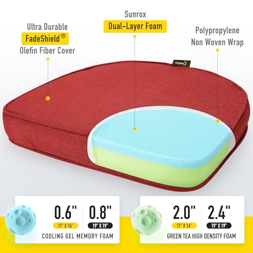 SUNROX Gel Memory Foam Chair Cushions, FadeShield Water-, Stain-Resistant Durable Reversible Seat Cushion Pads with Ties for Indoor/Outdoor Kitchen Dining Office 17"x16" Set of 2, Burgundy - color: Burgundy, size: 17x16 Inch (Pack of 2)