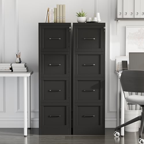 pozdeg 4 Drawer Vertical Metal File Cabinet with Lock, Black | Narrow Vertical Steel Storage Organizer, Fits Letter/A4/Legal Documents, Secure Lock Design for Office & Home Storage ﻿ - color: Black, size: 17.72"D x 14.96"W x 52.4"H