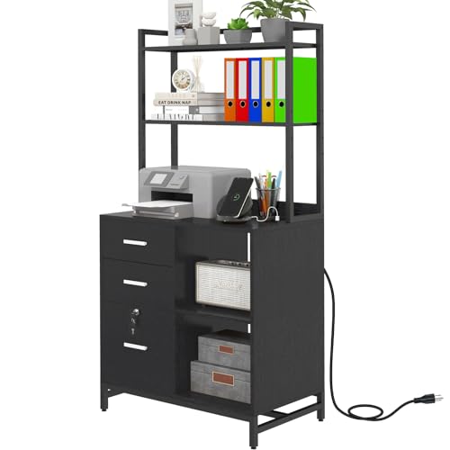 File Cabinet with Charging Station, 3 Drawer Filing Cabinet with Bookshelf | Large Printer Stand with Open Storage Shelves for Home Office, Locking File Cabinets Fits Letter/A4 Size, Black - color: Black