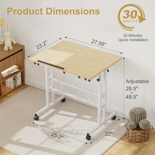 VECELO Mobile Small Standing Desk Adjustable Height, Computer Workstations with Tiltable Tabletop, Lockable Wheels, Portable Rolling Laptop Desk for Home Office, Oak - color: Oak