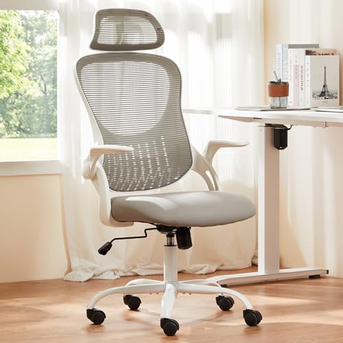 Sweetcrispy Home Office Managerial Executive Chair, High-Back Mesh with Adjustable Headrest, Flip-up Armrest Comfortable Lumbar Support, Comfy Arms for Bedroom,Study,Student - color: Grey, size: 20.08"D&High Back&Flip-up Arm