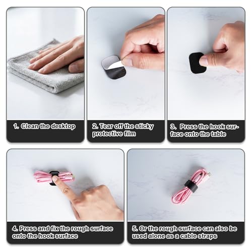 Under Desk Cable Management, Self-Adhesive Hook and Loop Straps, Adjustable Reusable Wire Organizer for Home Office Essentials (20 Pairs) - color: Black