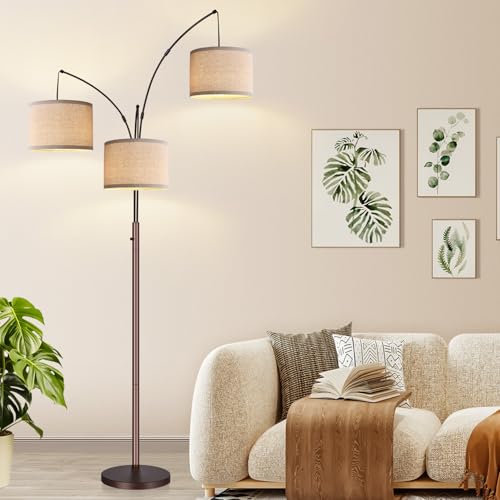Dimmable Floor Lamp, 3 Lights Brown Arc Floor Lamp, Modern Tall Standing Tree Lamp with Beige Linen Shades & Heavy Base, 3000LM LED Bulbs, Bright Lighting for Living Room, Bedroom, Office & Reading - color: Brown-Beige Linen Shade