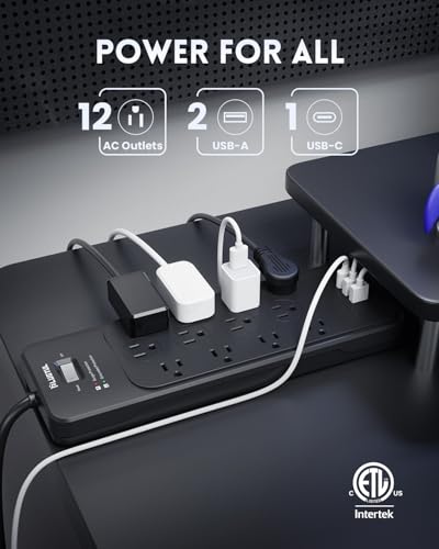 PLUGTUL Surge Protector Power Strip 20FT | Black Surge Protector with 12 Outlets - Spacious Design for Large Plugs, Flat Plug, 4080J, 20W USB C Charging, ETL Listed - size: 20FT