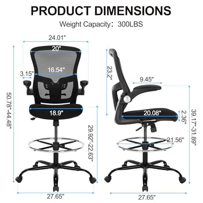 Drafting Chair, Ergonomic Tall Office Chair with Lumbar Support Standing Desk Stool with Flip-up Armrests Comfy High Office Desk Chair with Adjustable Foot Ring for Counter Height Desk, Black